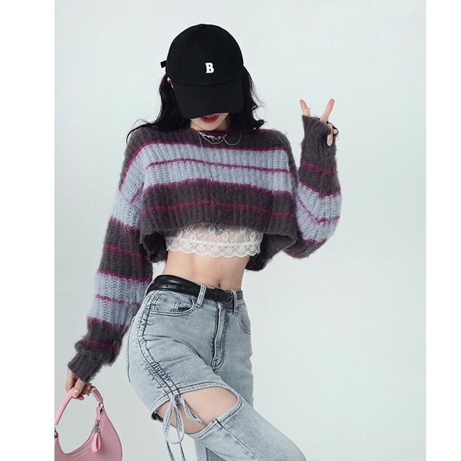 Áo Sweater Dệt Kim Dáng Rộng Ngắn Họa Tiết Kẻ Sọc Thời Trang Cho Nữ