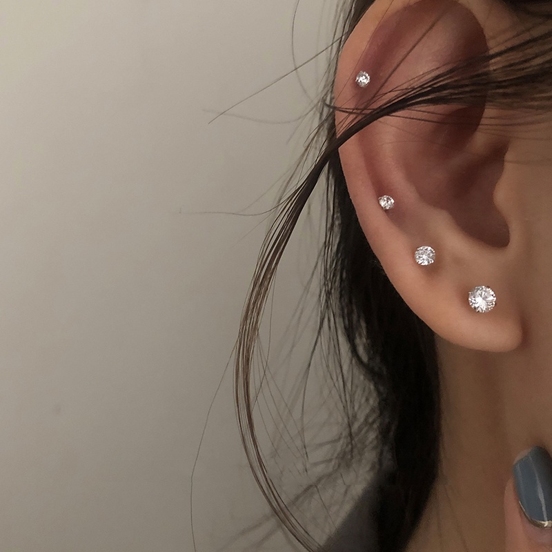 Đôi bông tai mạ bạc S925 khảm đá zircon hình khối tròn sang trọng