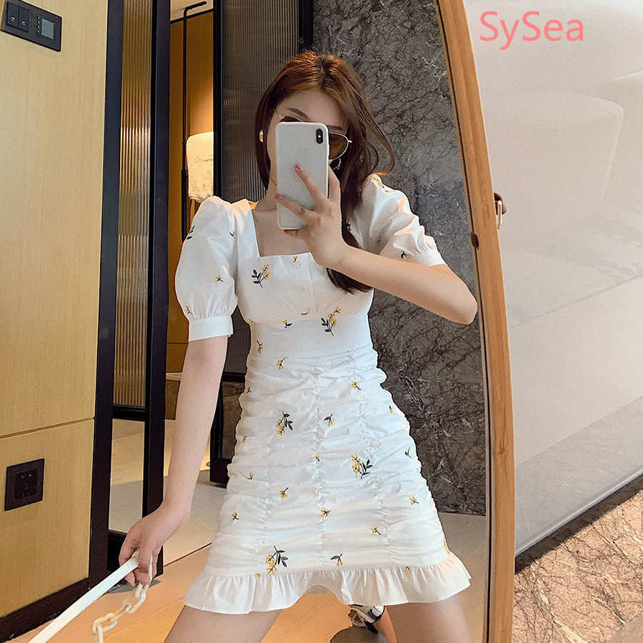 Đầm ngắn xếp ly cổ vuông in hoa thời trang mùa hè cho bạn gái | BigBuy360 - bigbuy360.vn