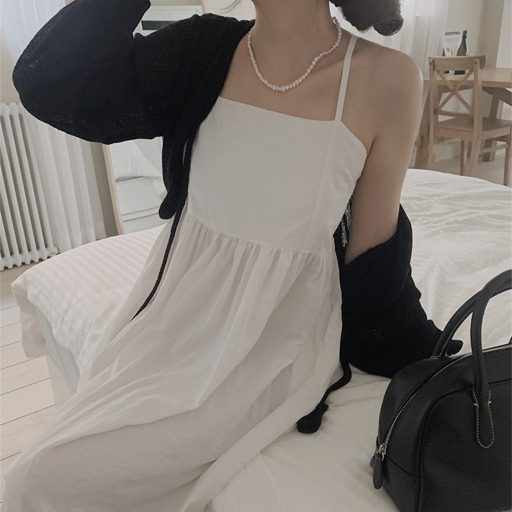 SUXI Korean Style All-match Slim Fit Solid Color Sleeveless Sweet Suspender Dress