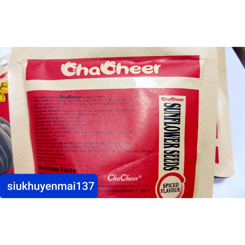 hạt hướng dương chacheer gói 130 gr, ngũ vị hương/dừa (24.6.2022)