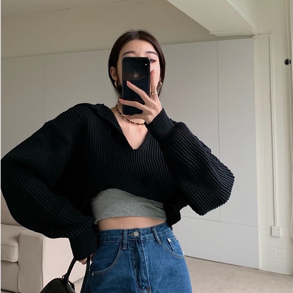 QADCOL Áo có mũ dài tay cổ chữ V dáng rộng thiết kế giản dị thời trang