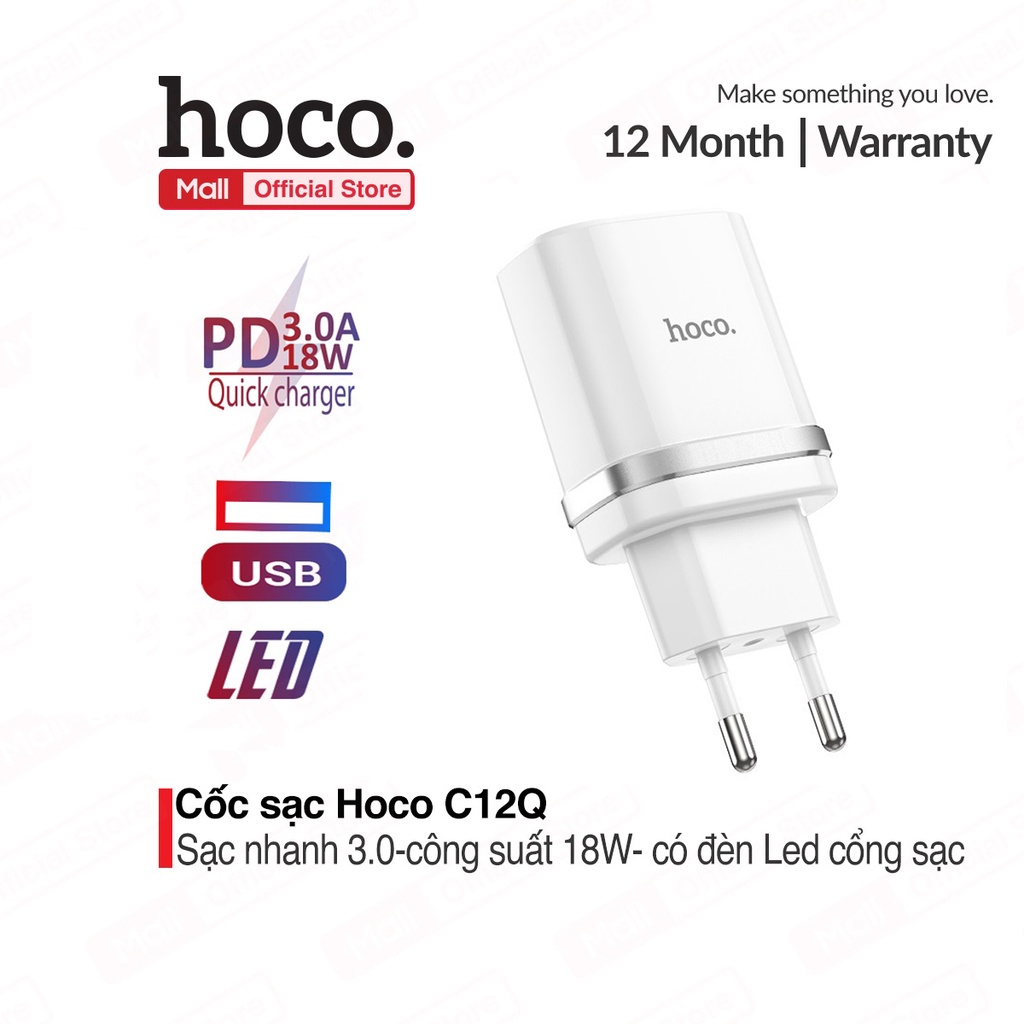 Củ sạc nhanh 18W Hoco C12Q chuôi tròn 1 cổng USB hỗ trợ QC3.0 đèn Led chất liệu PC chống cháy