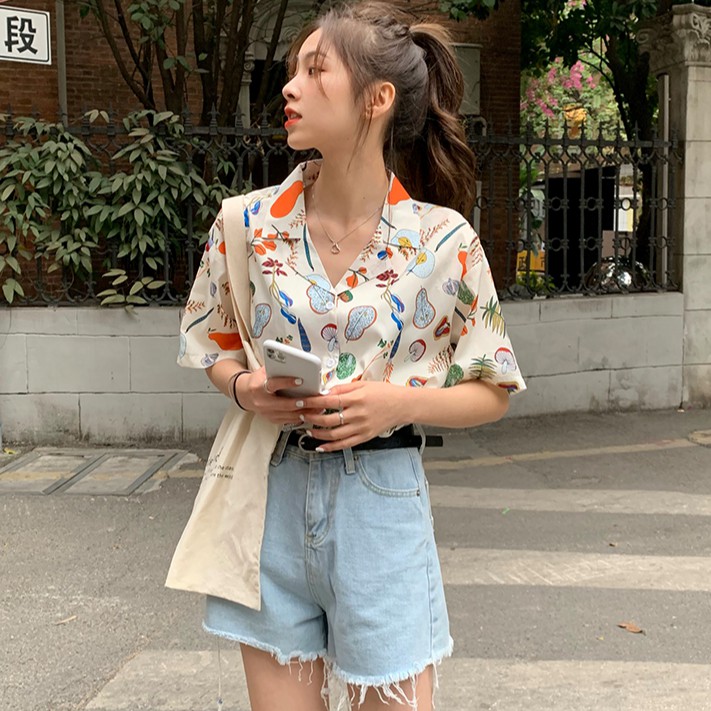 Áo sơ mi chiffon unisex tay ngắn in hoa thời trang | BigBuy360 - bigbuy360.vn