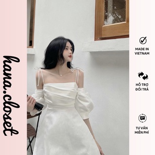 Váy đi dự tiệc đầm nữ 2 dây tay phồng ngực xếp ly đi chơi dạo phố trẻ trung phong cách hàn quốc