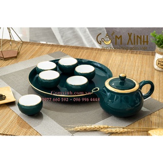Ấm chén Bát Tràng_Bộ trà ba chân dáng Nhật xanh cửu long vàng kim kèm khay