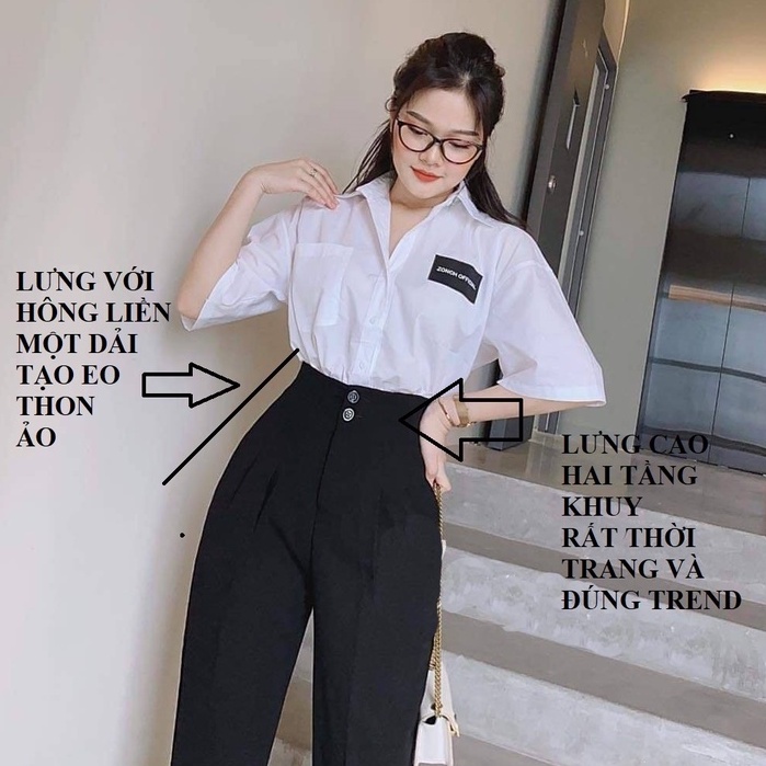 Quần tây nữ lưng cao đi học cạp liền 2 nút khuy ống đứng dáng dài Quần vải baggy đen nữ học sinh co giãn nhẹ làm công sở