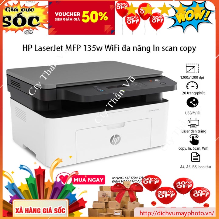 Máy in mới 100% Hp 135W có bảo hành in laser đen trắng copy in wifi scan INECO