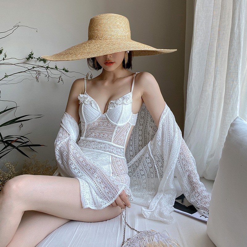 Bộ bơi liền thân phối ren sang chảnh kèm áo choàng kimono ren sexy, Bikini cao cấp mẫu mới 2021, chất đẹp | KT080