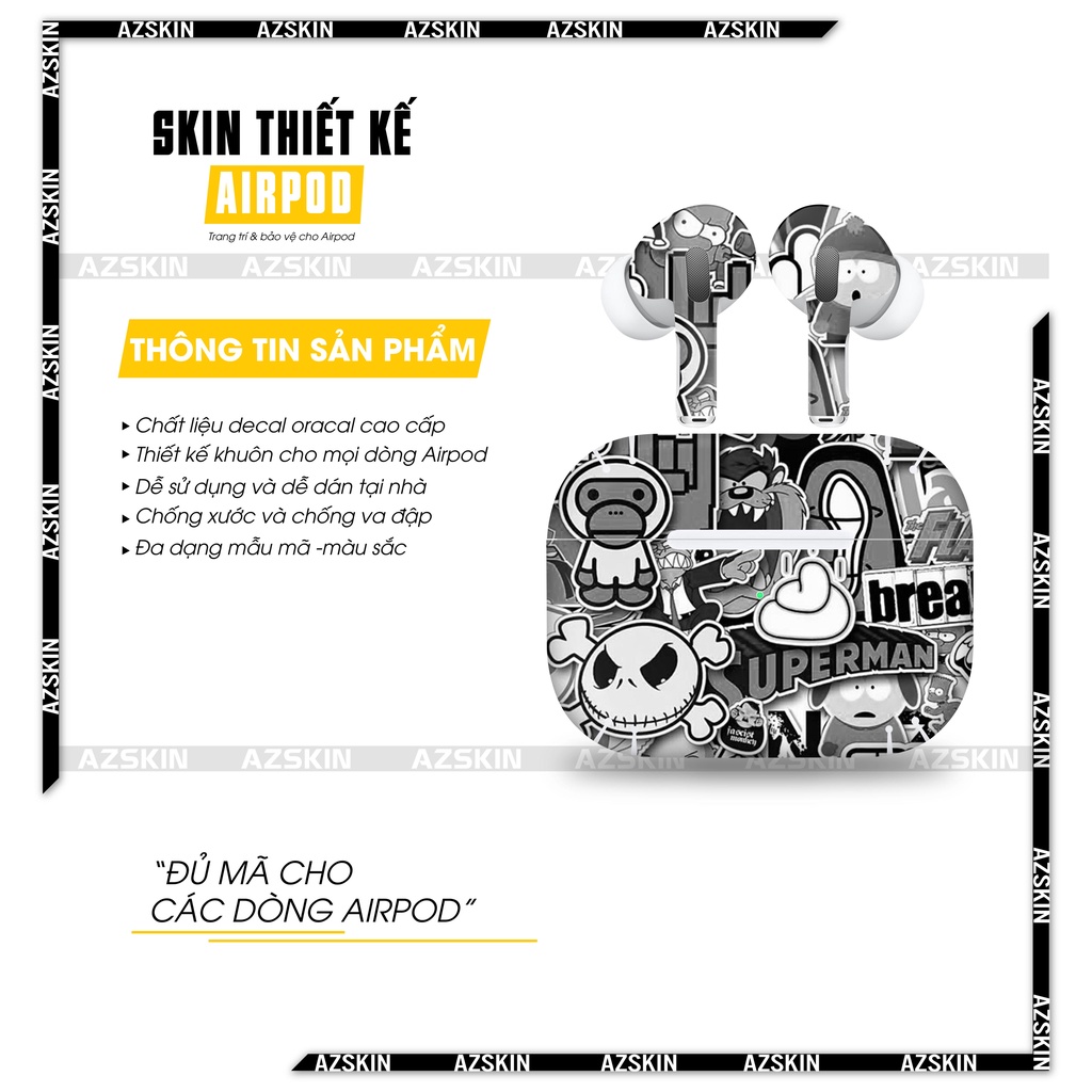 Miếng Dán Skin Airpods 1/2/3/Pro Patten Black & White |SK_APPT100| Film Oracal Chính Hãng, Hình Sắc Nét, Dễ Dán Tại Nhà