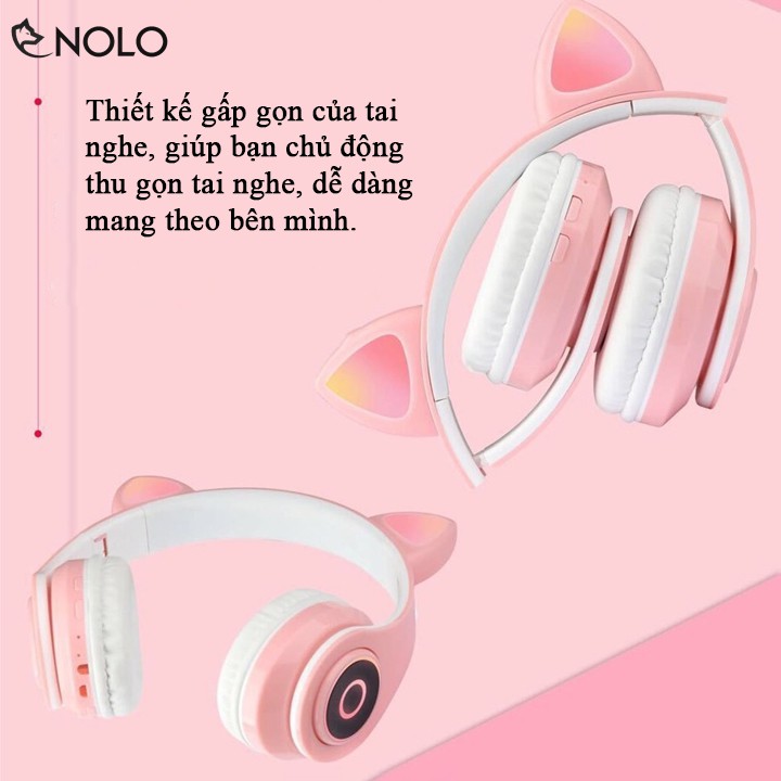 Tai Nghe Chụp Tai Headphone Bluetooth V5.0 B39 Kiểu Dáng Tai Mèo Có Đèn Led Hỗ Trợ Nghe Qua Dây Cắm AUX