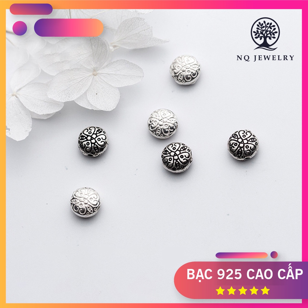 Charm bạc chặn hạt hình tròn dẹp họa tiết hoa văn