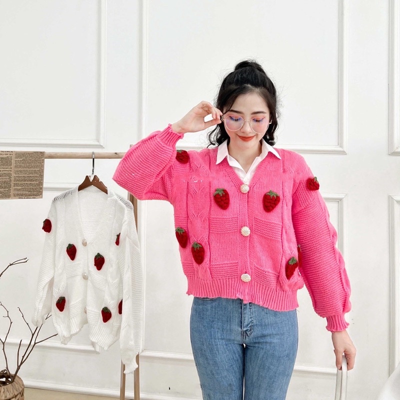 Áo khoác len cadigan dâu tây nổi siêu xinh