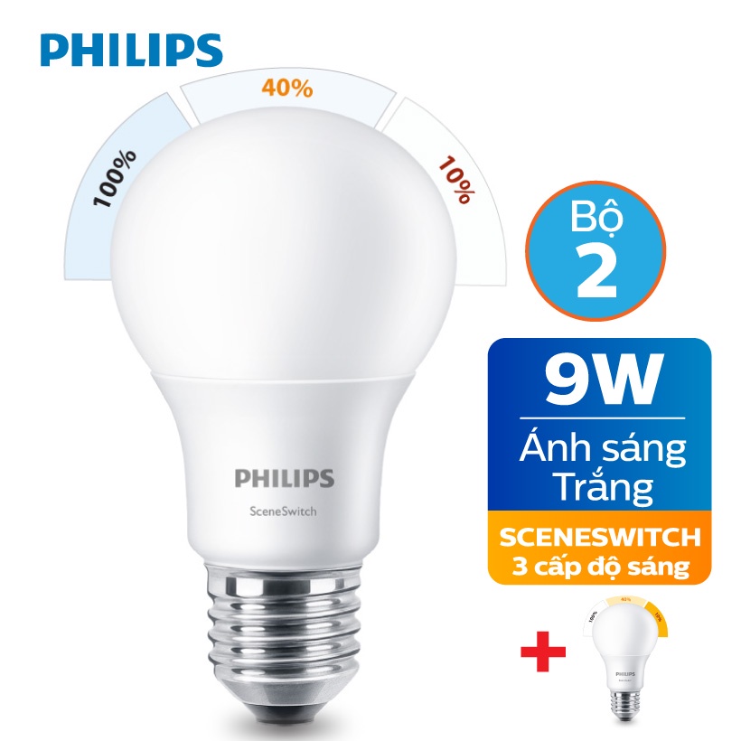 Bộ 2 Bóng đèn LED Philips Scene Switch 9W 3 cấp độ 6500K E27 A60 - Ánh sáng trắng