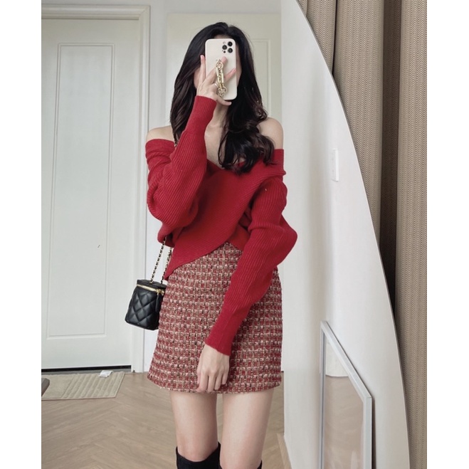 (ảnh thật) Audrey Chân váy dạ tweed đỏ 991 | BigBuy360 - bigbuy360.vn