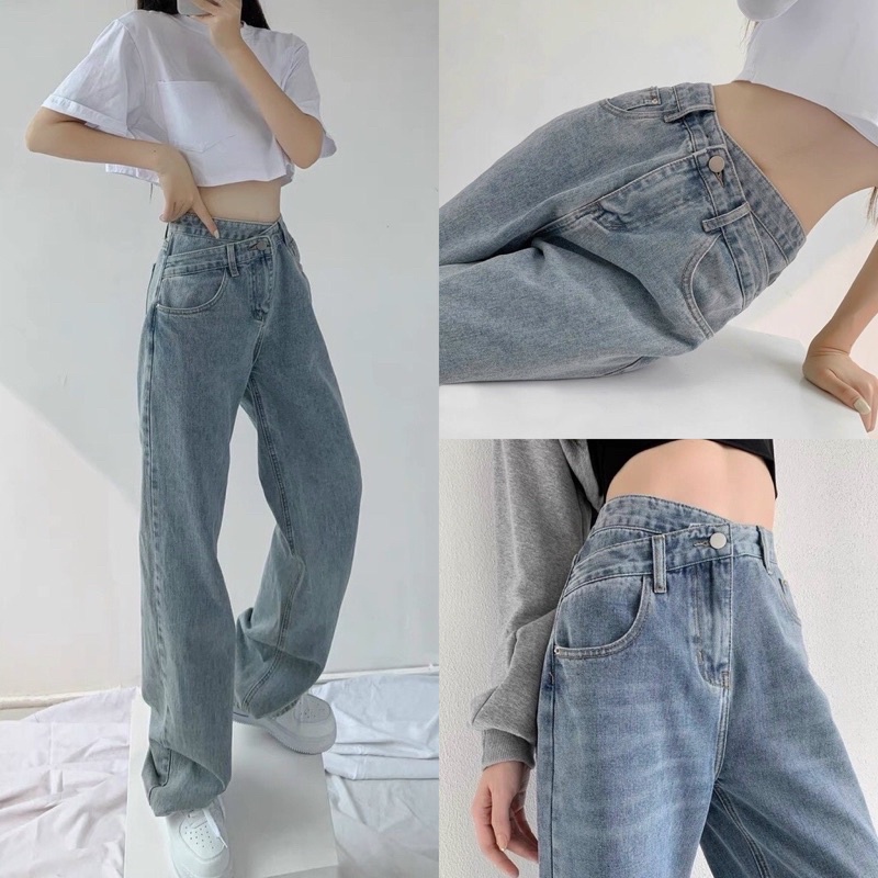 Quần bò Jeans cạp lệch khuy ống đứng phong cách Hàn Quốc