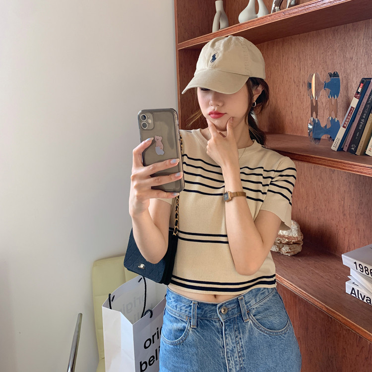 Áo thun dệt kim tay ngắn kẻ sọc phong cách mới thời trang cho nữ 43173