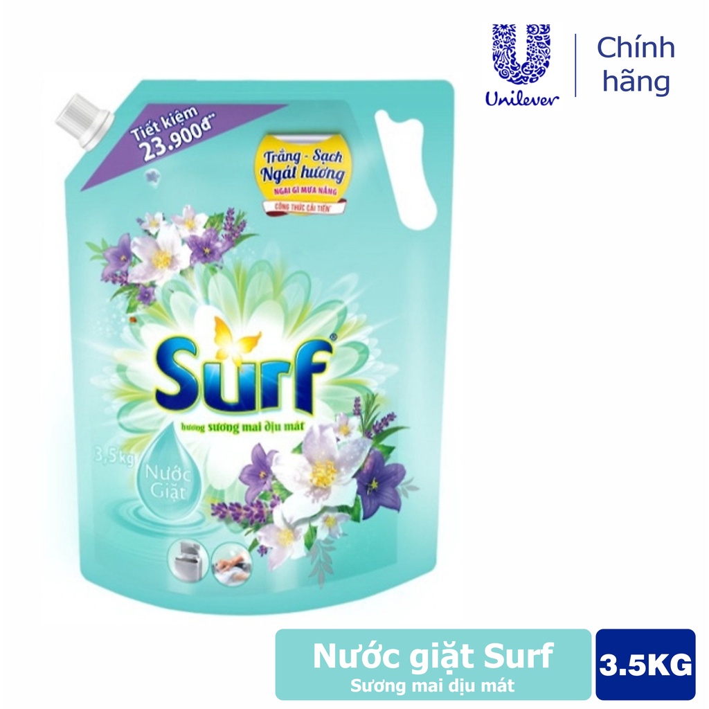 [Hoả Tốc] SURF Túi Nước Giặt 3.5kg 3.5 kg Xanh Hương Sương Mai có nắp vặn 3.3l 3.3 lít