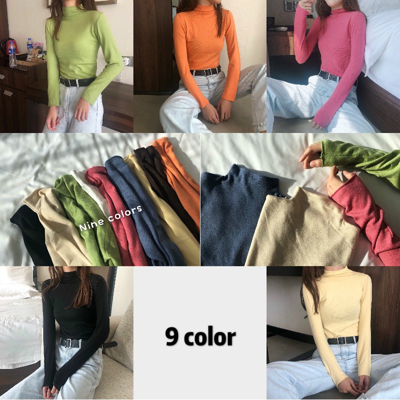 Áo Len Tay Dài Cổ Tròn Màu Trơn Phong Cách Hàn Quốc