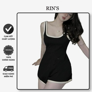 Jumpsuit cộc tay 2 dây đi biển, đi chơi body đen viền, jum bikini