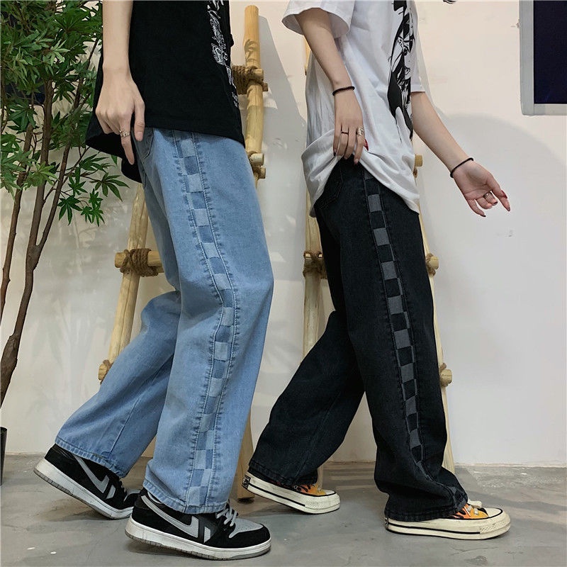 Quần ống rộng nam quần jean trơn unisex kẻ sọc caro phong cách nam hànquốc thời trang năng động jean co giãn