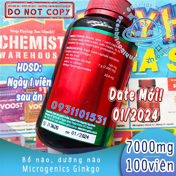 🚀7000mg - NGÀY 1V🚀  Viên uống bổ não - hoạt huyết dưỡng não Microgenics Ginkgo 7000 100 viên 🚀 Chemist Warehouse - Úc 🚀