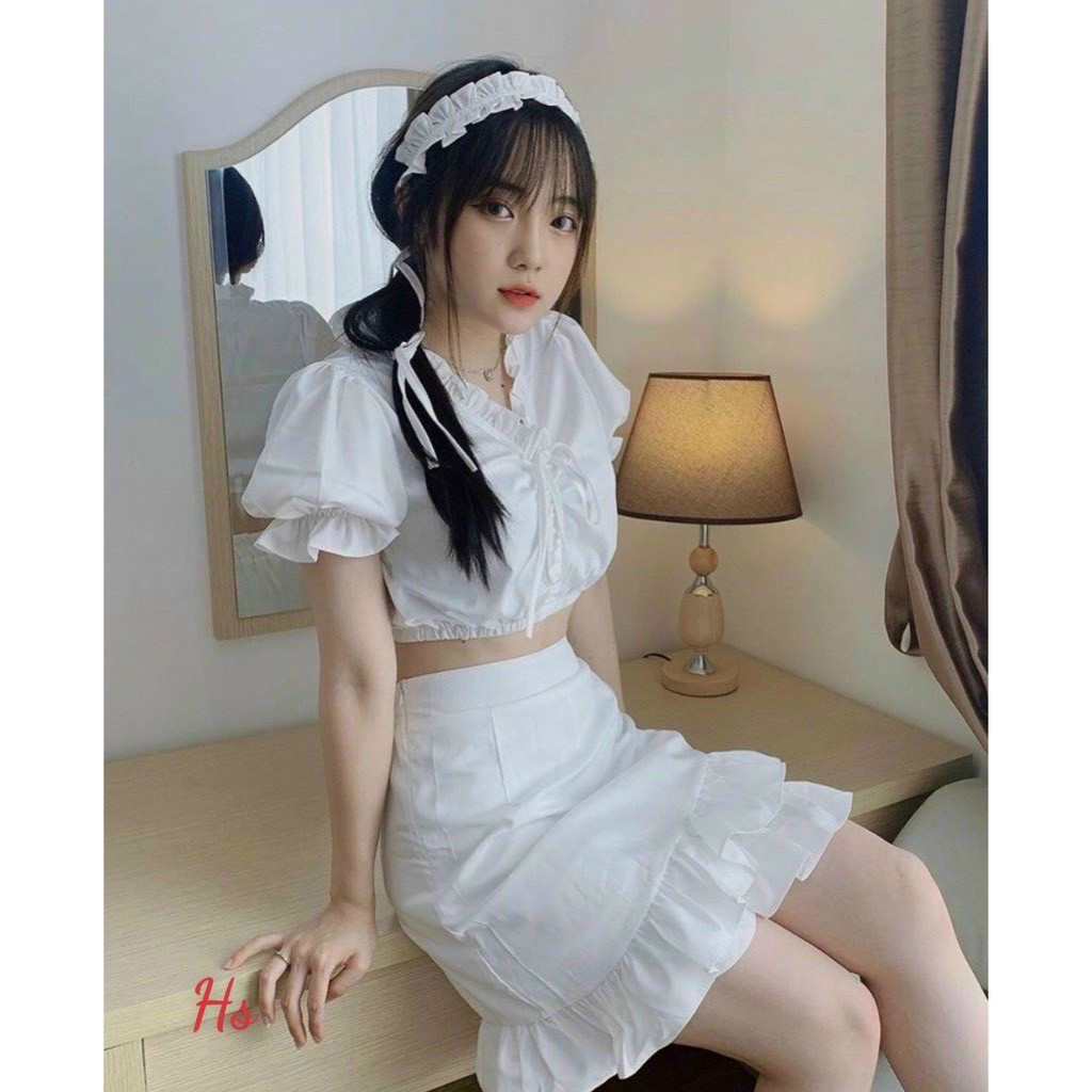 (Sale FreeShip) Sét thiết kế nữ đi chơi,sét áo rút dây tay phoonngf from croptop mix chân váy kèm băng đô,chất lụa caấp