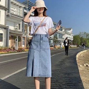 Chân Váy Bò Nữ Cạp Cao Dài Qua Gối, Chân Váy Xẻ Tà Qua Gối
