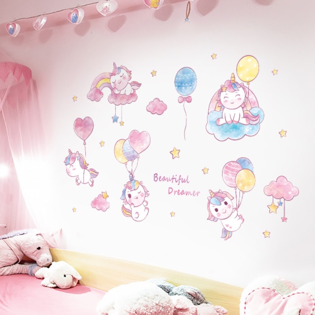 Decal giấy dán tường mẫu Những Bé Kỳ Lân đáng yêu màu hồng dễ thương
