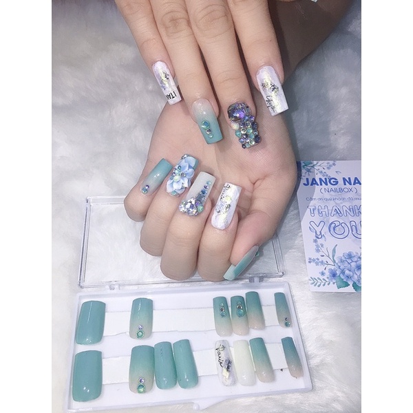 [ Nailbox  ] Bộ 24 móng tay úp thiết kế sẵn / móng tay giả màu xanh ngọc