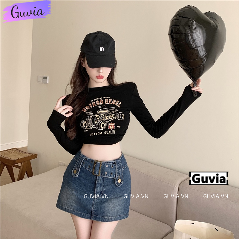 Áo Croptop Ôm Body Nữ HOTROD REBEL Tay Dài Cổ Tròn, Áo Thun Croptop Kiểu In Họa Tiết GUVIA CR96
