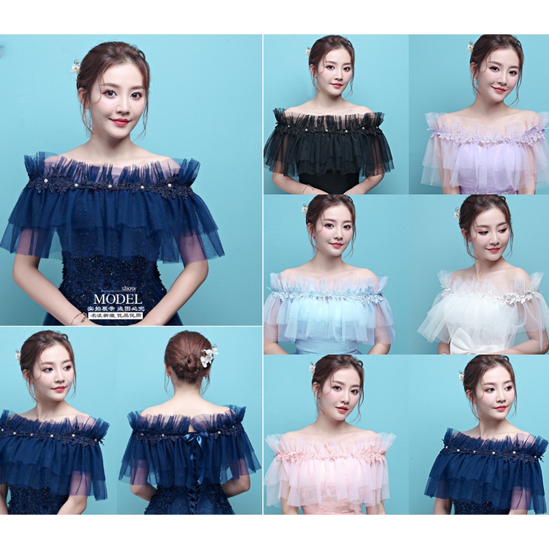 Áo Choàng Cổ Thuyền Vải Tuyn Phối Ren Thời Trang Mùa Hè Xinh Xắn Cho Cô Dâu