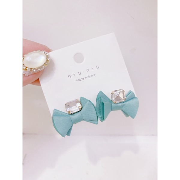 bông tai nơ vải đính đá, khuyên tai ruy băng phong cách hàn quốc