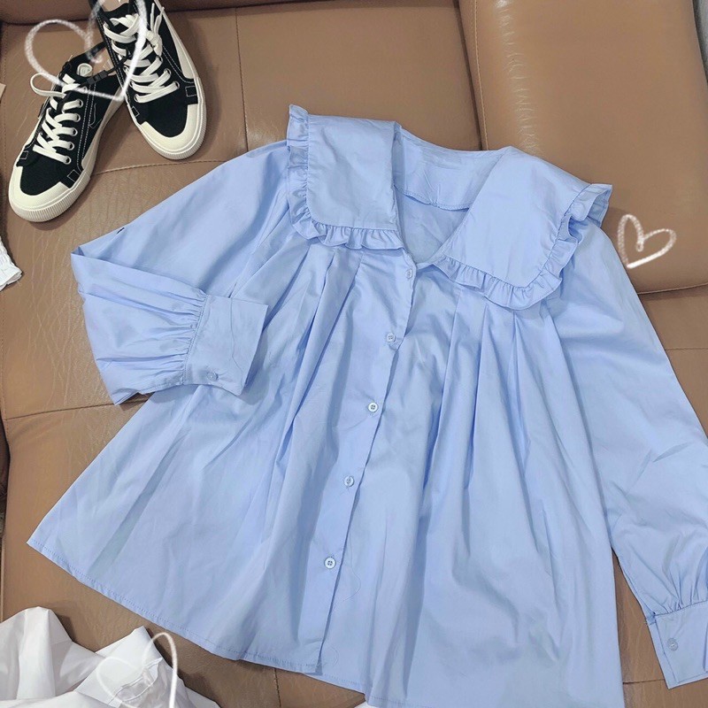 [Mã FAMARAL1 giảm 10k đơn 50k] Áo Sơ Mi Doll Cổ Bèo Gập To Dáng Giấu Quần 2 Màu Xanh Trắng ( Hàng Sẵn) | BigBuy360 - bigbuy360.vn