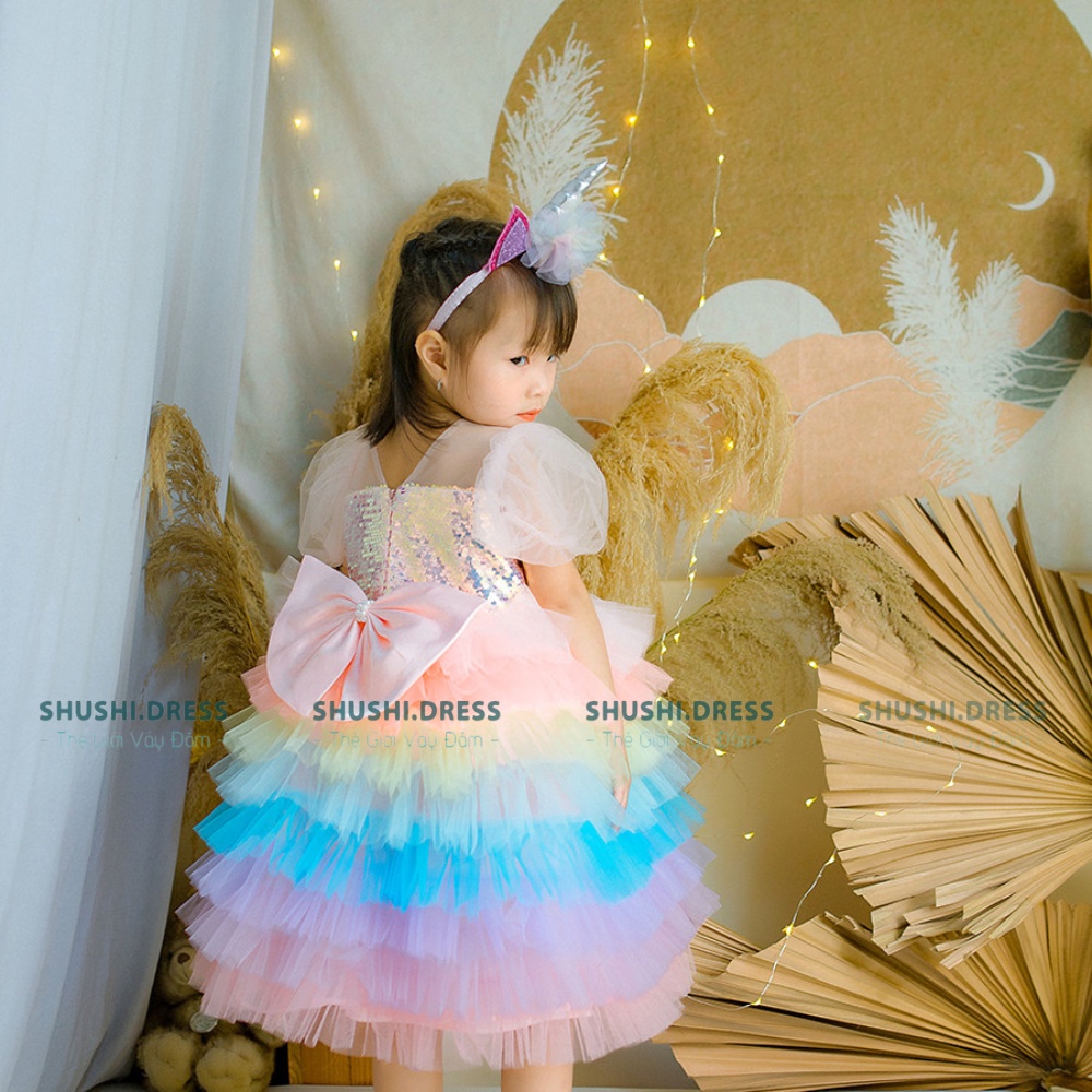 váy công chúa bé gái, đầm công chúa pony màu hồng cho bé đi tiệc, thôi nôi, sinh nhật kèm sừng ngựa thần, nơ rời SHUSHI
