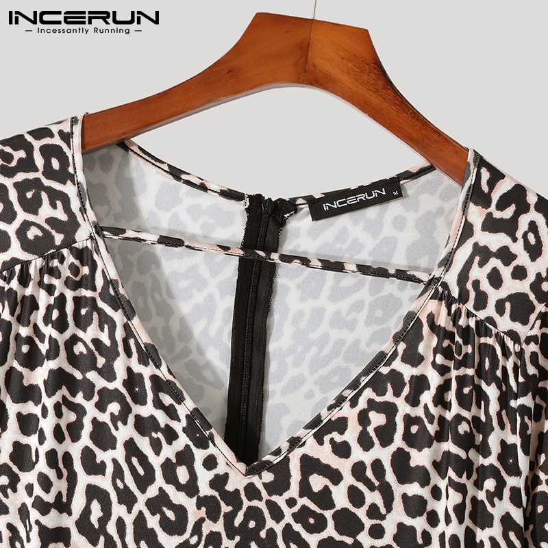 Áo liền quần INCERUN tay dài cổ chữ V họa tiết da beo thời trang dành cho bạn nam