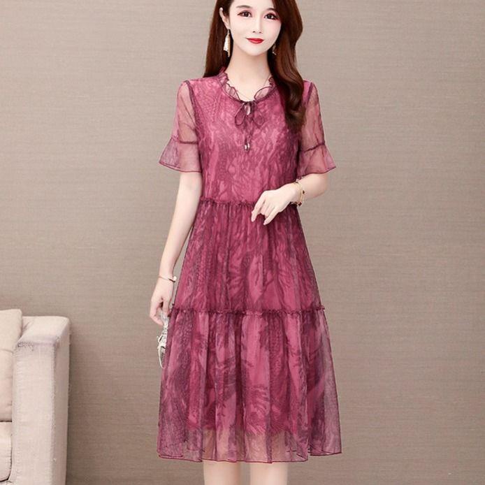 Plus Đầm Chữ A Tay Ngắn Dáng Ôm Thời Trang Mùa Hè 2021 Kích Thước Lớn Cho Phụ Nữ Trung Niên