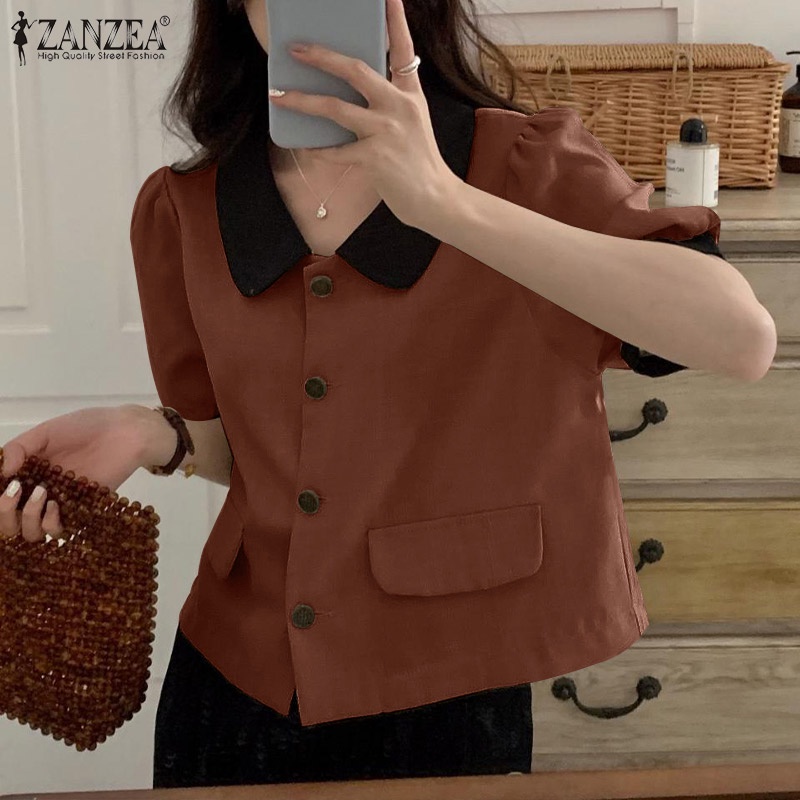 Áo sơ mi ZANZEA tay ngắn phồng cổ bẻ thời trang Hàn Quốc dành cho nữ