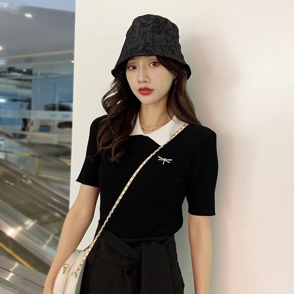 Áo thun polo ZHELIHANGFEI dệt kim tay ngắn thêu hình chuồn chuồn dễ thương thời trang