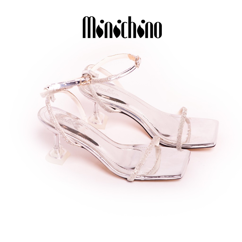 Giày cao gót MINICHINO nữ thời trang đính đá, giày sandal gót nhọn hỡ mũi cao 7p fom chuẩn size 35-40 màu Bạc