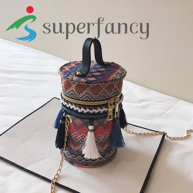 Women Crossbody Single Shoulder Bag Bucket Embroidery Tassel Bag with Golden Chain Strap