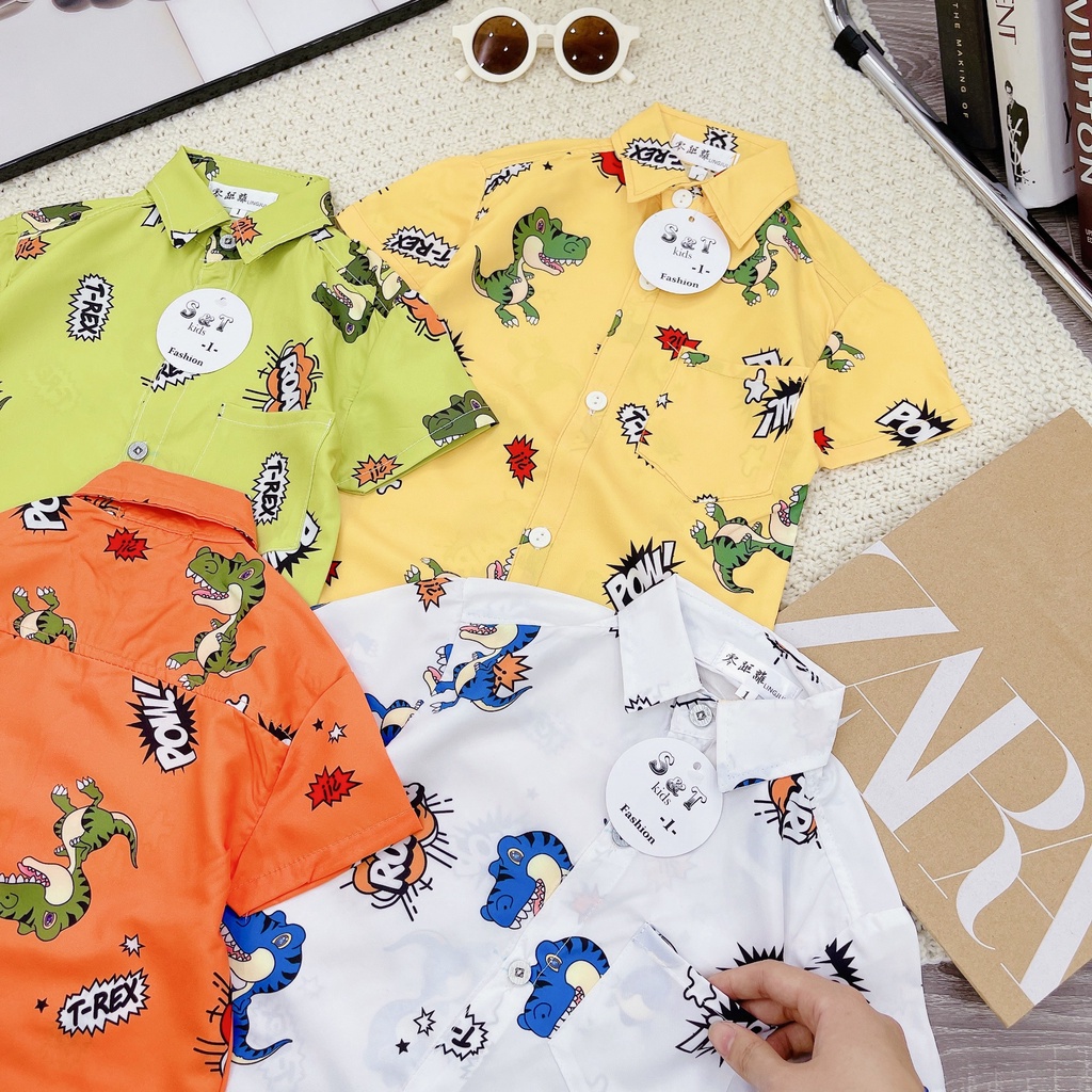 AT05 - Áo sơ mi bé trai, áo sơ mi cho bé trai in hình ngộ nghĩnh, chất đũi từ 8-25kg