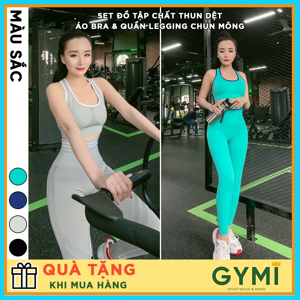 Set bộ quần áo tập gym yoga nữ GYMI SET08 gồm áo bra thể thao và quần legging chun mông chất dệt kim co giãn