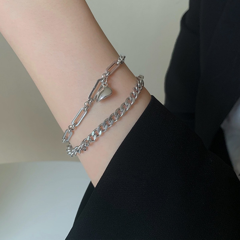 Set 2 Vòng Tay Thép Titan Phối Dây Xích Và Nam Châm Thời Trang Chất Lượng Cao Cho Cặp Đôi