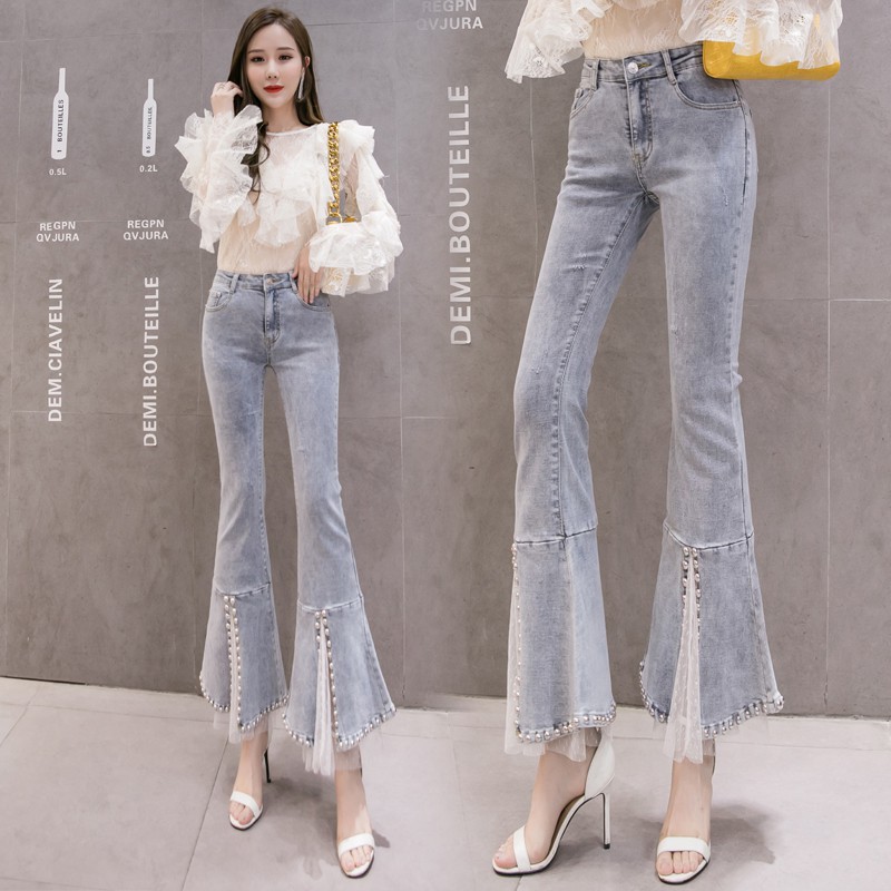 [ORDER TMALL 359] Quần Jeans Bootcut Ống Loe Xẻ Lưới Đính Hạt Sang Trọng