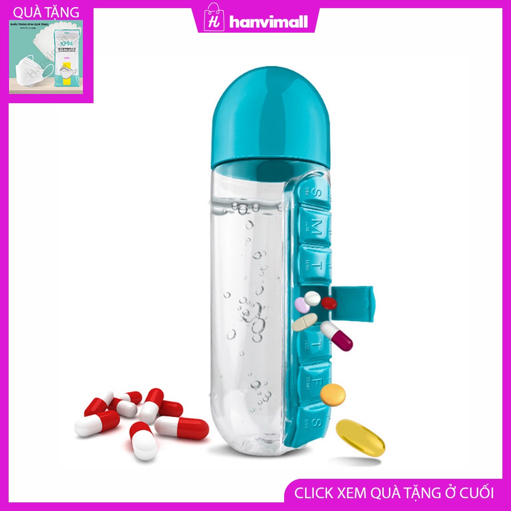 Bình đựng nước 2 trong 1 Bình nước 600ml kèm hộp đựng thuốc siêu tiện lợi