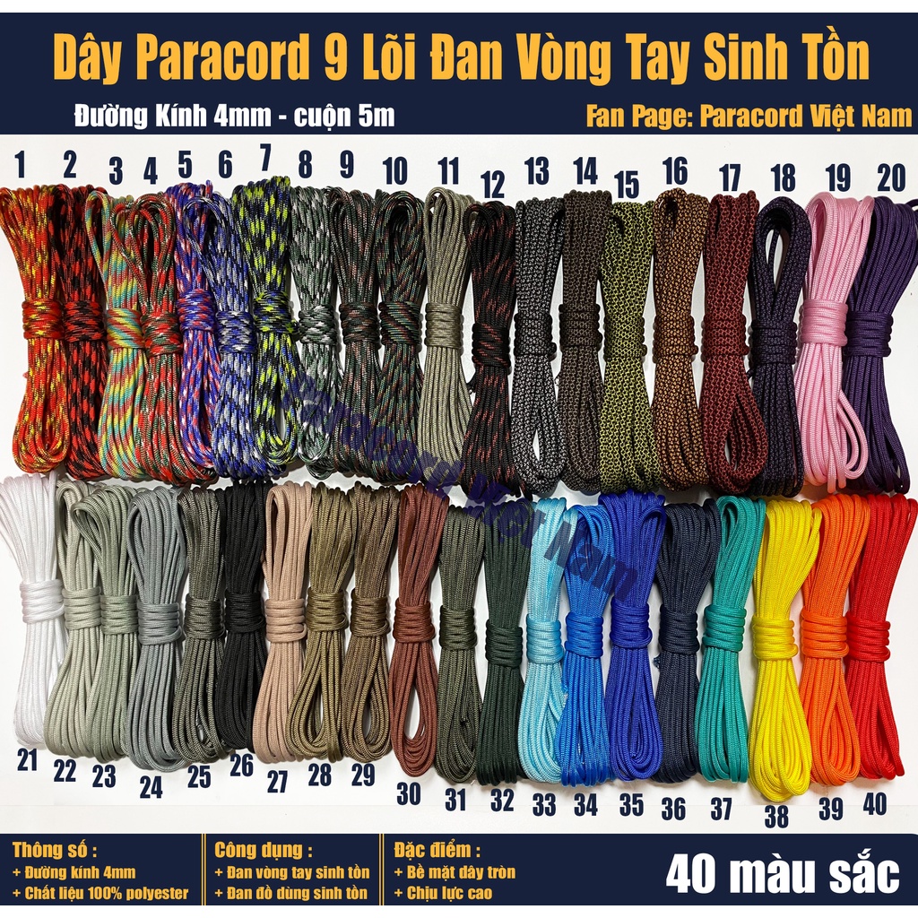 [Mã S09150915K giảm 15K đơn 0Đ] Dây dù paracord 9 lõi 4mm tròn - 5 mét