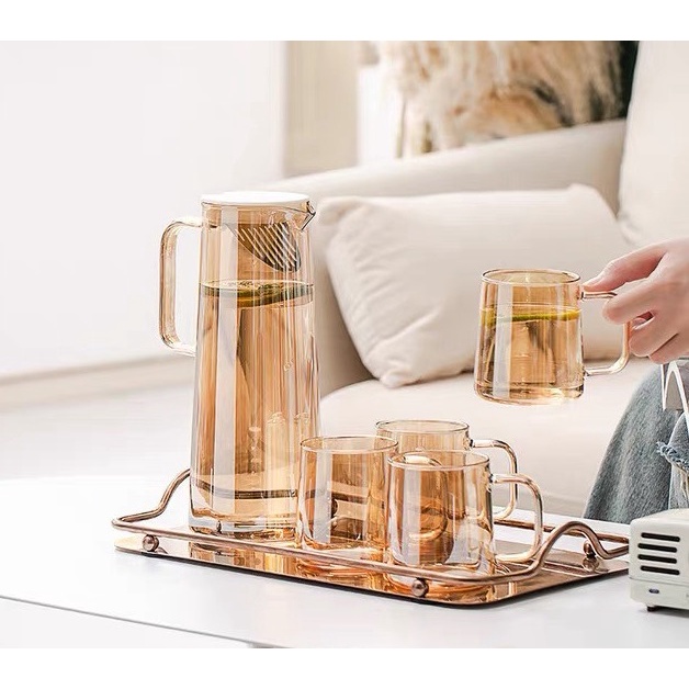 Bộ bình cốc xám khói kèm khay, bình nước thủy tinh cao cấp, thủy tinh chịu nhiệt không chì p/c Bắc Âu