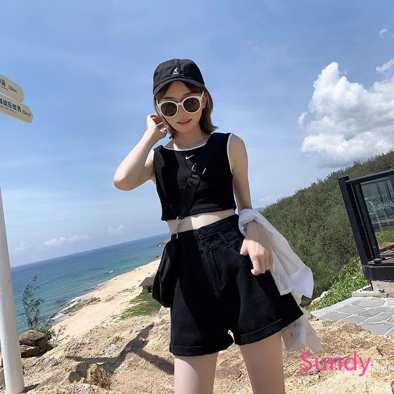 Quần Ngắn Vải Denim Lưng Cao Ống Rộng Thời Trang Dành Cho Nữ