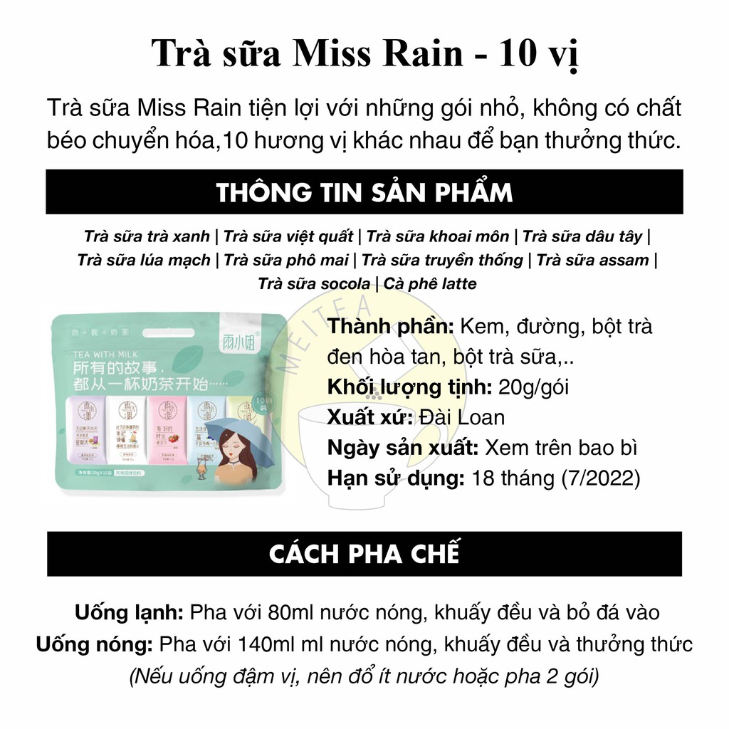 [HSD 7/2022] 1 gói lẻ trà sữa hòa tan Miss Rain - 10 vị - 20g | BigBuy360 - bigbuy360.vn